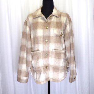 AEO American Eagle Fleece Plaid Shacket Womens SM Tan White Oversized Jacket